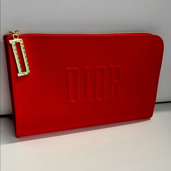 Dior Red Vegan Leather Zip Top Clutch Pouch - New - Picture 1 of 7